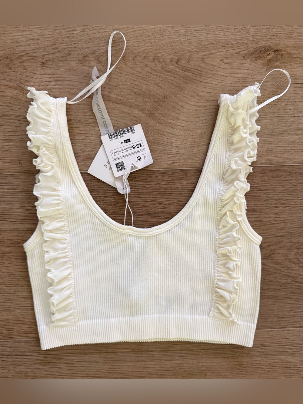 Zara XS/S Ruffle Trim Ribbed Knit Crop Tank Top Cream Ivory - Picture 2 of 5